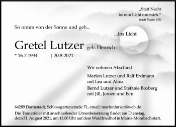 Traueranzeige von Gretel Lutzer von vrm-trauer