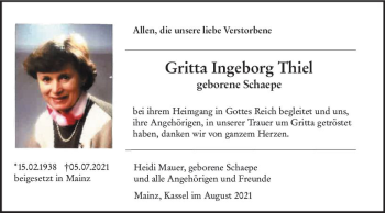 Traueranzeige von Gritta Ingeborg Thiel von vrm-trauer
