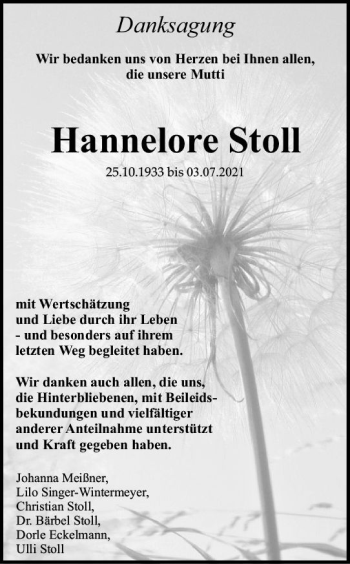 Traueranzeige von Hannelore Stoll von vrm-trauer