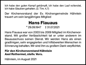Traueranzeige von Hans Flauaus von vrm-trauer