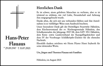 Traueranzeige von Hans-Peter Flauaus von vrm-trauer