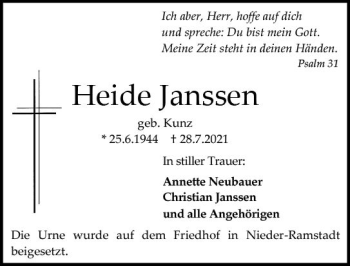 Traueranzeige von Heide Janssen von vrm-trauer
