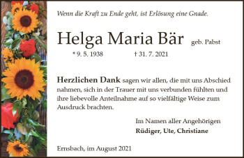 Traueranzeige von Helga Maria Bär von vrm-trauer