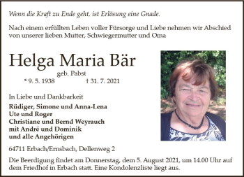 Traueranzeige von Helga Maria Bär von vrm-trauer