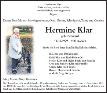 Traueranzeige von Hermine Klar von vrm-trauer