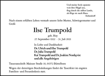 Traueranzeige von Ilse Trumpold von vrm-trauer