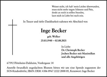 Traueranzeige von Inge Becker von vrm-trauer