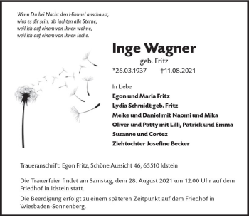 Traueranzeige von Inge Wagner von vrm-trauer