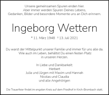 Traueranzeige von Ingeborg Wettern von vrm-trauer