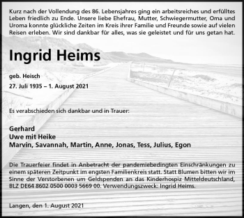 Traueranzeige von Ingrid Heims von vrm-trauer