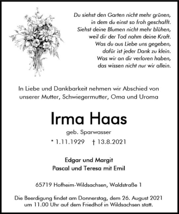 Traueranzeige von Irma Haas von vrm-trauer