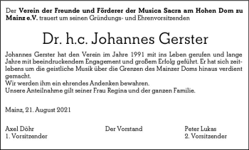 Traueranzeige von Johannes Gerster von vrm-trauer