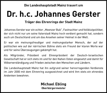Traueranzeige von Johannes Gerster von vrm-trauer