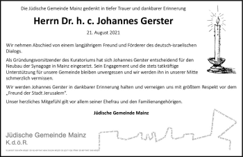 Traueranzeige von Johannes Gerster von vrm-trauer