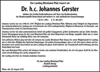 Traueranzeige von Johannes Gerster von vrm-trauer