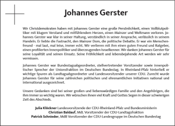 Traueranzeige von Johannes Gerster von vrm-trauer