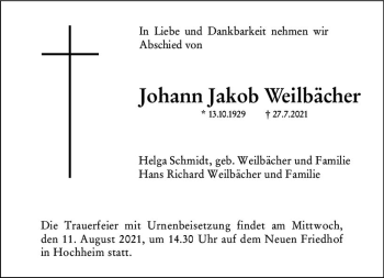 Traueranzeige von Johann Jakob Weilbächer von vrm-trauer