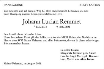 Traueranzeige von Johann Lucian Remmet von vrm-trauer