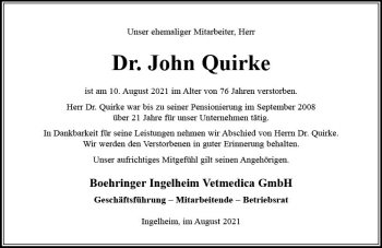 Traueranzeige von John Quirke von vrm-trauer