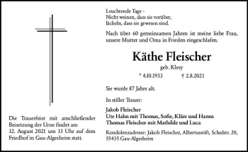 Traueranzeige von Käthe Fleischer von vrm-trauer