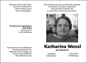 Traueranzeige von Katharina Wenzl von vrm-trauer