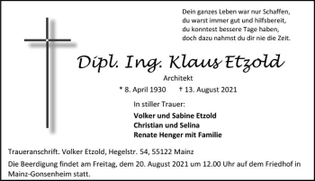 Traueranzeige von Klaus Etzold von vrm-trauer
