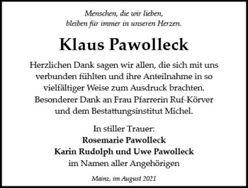 Traueranzeige von Klaus Pawolleck von vrm-trauer
