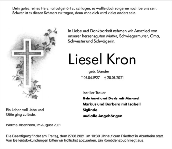 Traueranzeige von Liesel Kron von vrm-trauer