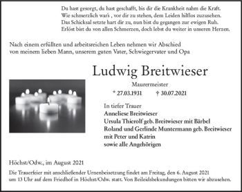 Traueranzeige von Ludwig Breitwieser von vrm-trauer