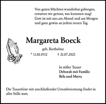 Traueranzeige von Margareta Boeck von vrm-trauer