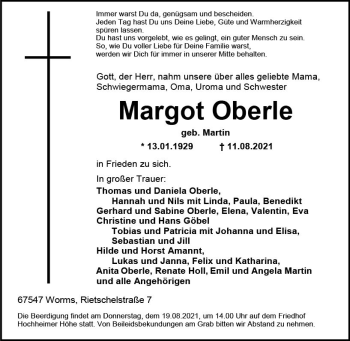 Traueranzeige von Margot Oberle von vrm-trauer