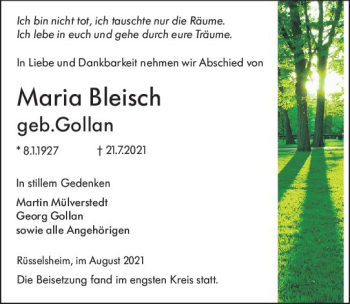 Traueranzeige von Maria Bleisch von vrm-trauer