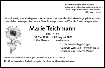 Traueranzeige von Marie Teichmann von vrm-trauer