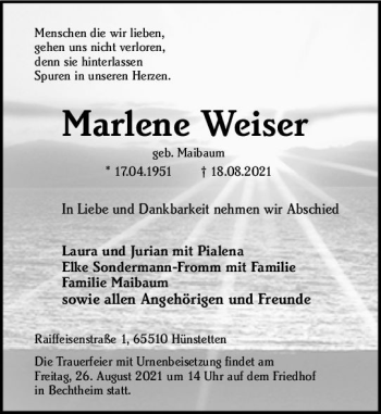 Traueranzeige von Marlene Weiser von vrm-trauer