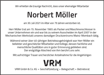 Traueranzeige von Norbert Möller von vrm-trauer