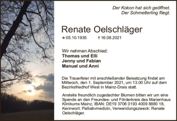 Traueranzeige von Renate Oelschläger von vrm-trauer