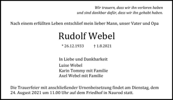 Traueranzeige von Rudolf Webel von vrm-trauer