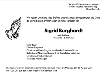 Traueranzeige von Sigrid Burghardt von vrm-trauer