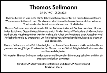 Traueranzeige von Thomas Sellmann von vrm-trauer