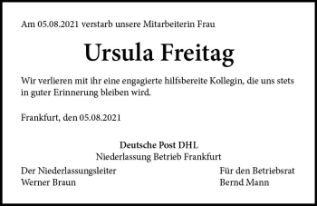 Traueranzeige von Ursula Freitag von vrm-trauer