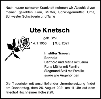 Traueranzeige von Ute Knetsch von vrm-trauer