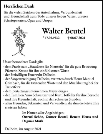 Traueranzeige von Walter Beutel von vrm-trauer