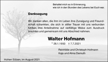 Traueranzeige von Walter Hofmann von vrm-trauer