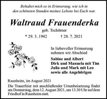 Traueranzeige von Waltraud Frauendeka von vrm-trauer