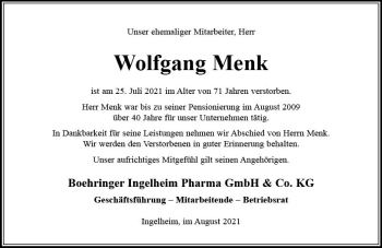 Traueranzeige von Wolfgang Menk von vrm-trauer