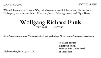 Traueranzeige von Wolfgang Richard Funk von vrm-trauer