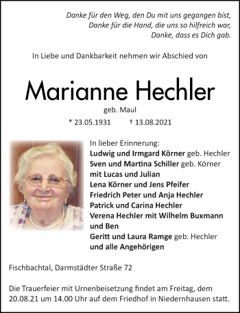 Traueranzeige von Marianne Hechler von VRM-TRAUER