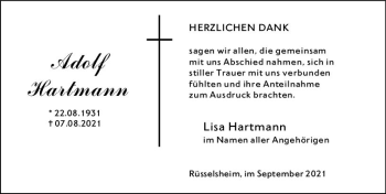 Traueranzeige von Adolf Hartmann von vrm-trauer