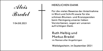 Traueranzeige von Alois Bredel von vrm-trauer