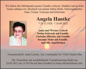 Traueranzeige von Angela Hantke von vrm-trauer